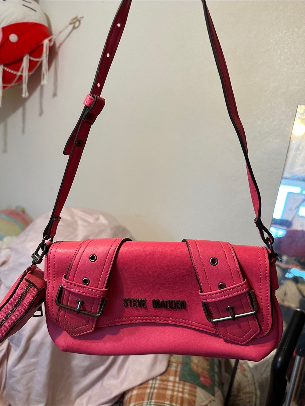 Steve Madden Hot Pink Crossbody Shoulder Bag with Buckle Accents
